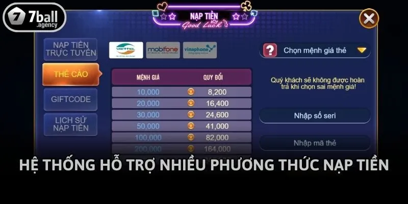 Hệ thống hỗ trợ nhiều phương thức nạp tiền